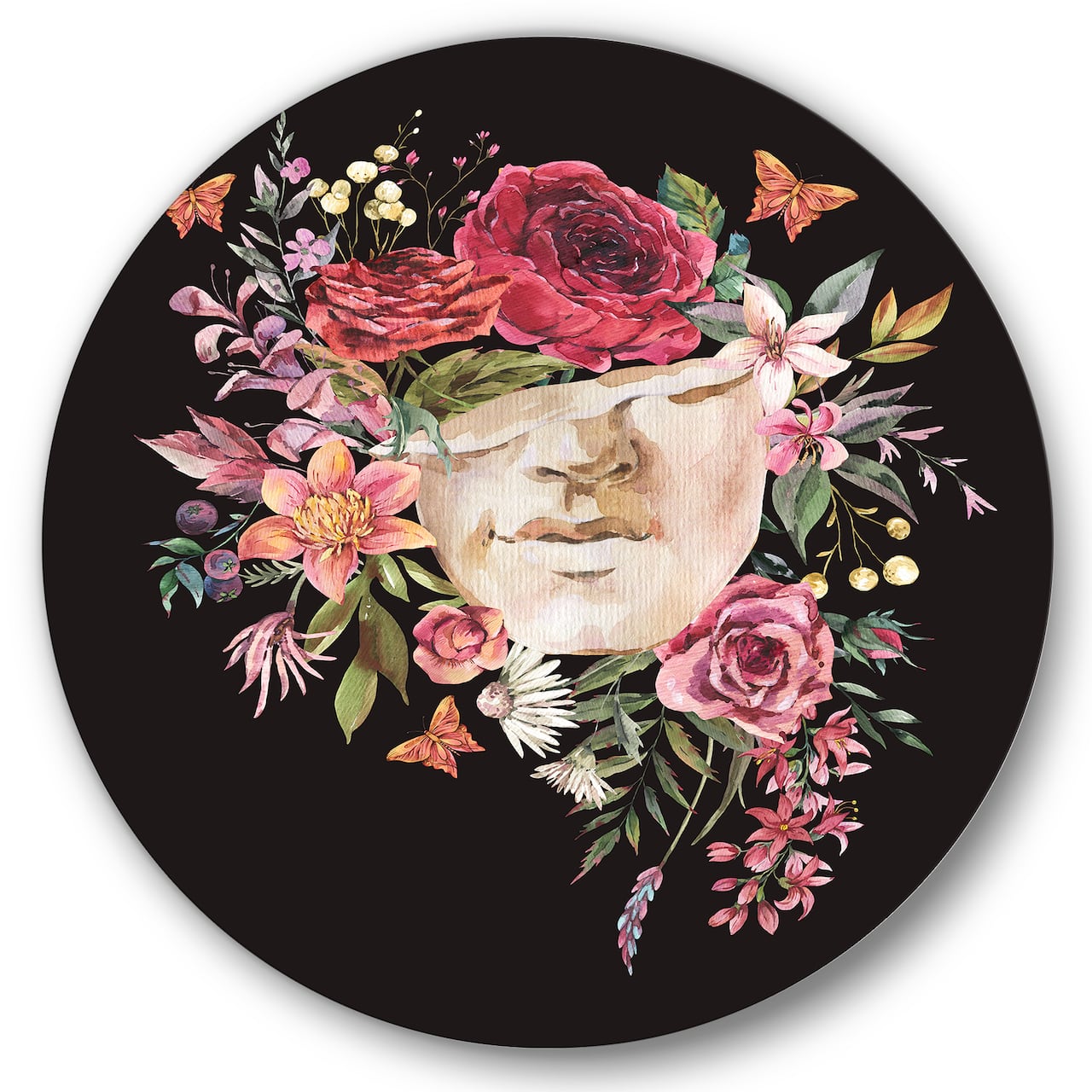 Designart - Vintage Greek Sculpture Detail With Dry Flowers - Traditional Metal Circle Wall Art